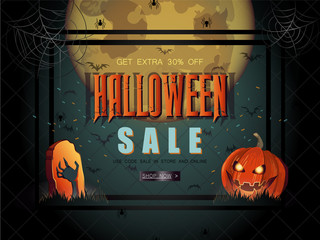 Halloween Sale vector illustration with lettering and pumpkins.