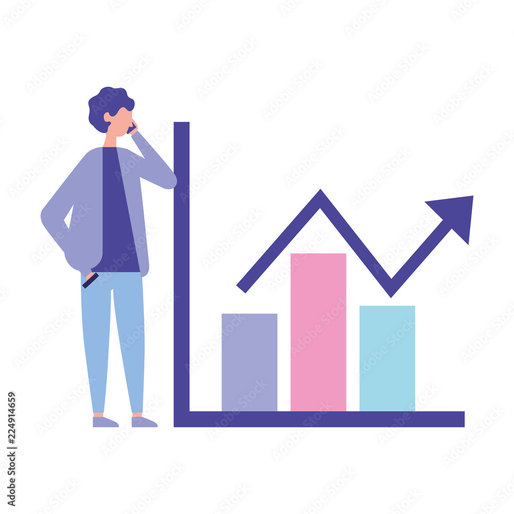 Poster young man using smartphone with statistics chart report