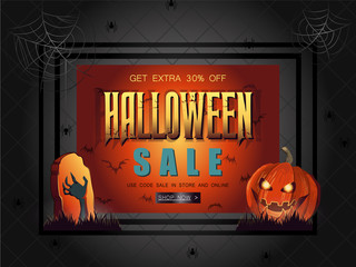 Halloween Sale vector illustration with pumpkin and orange backg