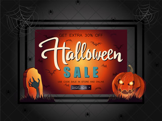 Halloween Sale vector illustration with pumpkin and orange backg