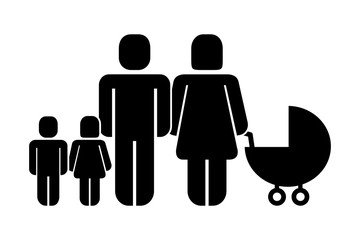 parents with son daughter and baby pram pictogram