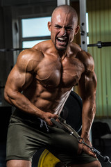 Fototapeta na wymiar White Muscular man training his back in the gym by cabel machine