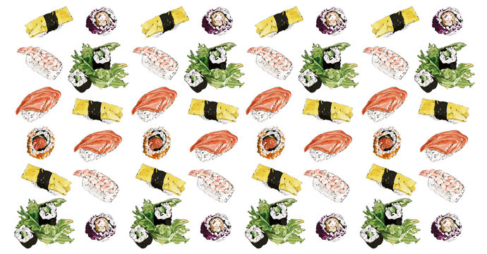 Pattern of sushi illustrations on a white background