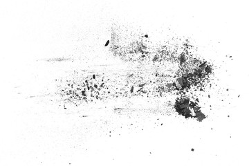 Black charcoal dust, gunpowder isolated on white background and texture, top view
