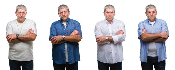 Collage of senior hoary man over white isolated backgroud skeptic and nervous, disapproving...