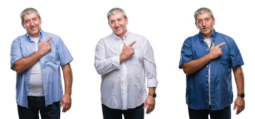 Collage of senior hoary man over white isolated backgroud cheerful with a smile of face pointing with hand and finger up to the side with happy and natural expression on face looking at the camera.