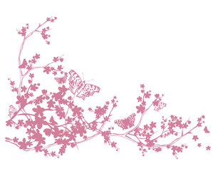 Fototapeta premium cherry tree blooming branches and flying butterflies - spring season vector silhouette design