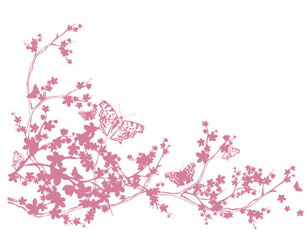 cherry tree blooming branches and flying butterflies - spring season vector silhouette design