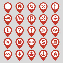 Map pin location icons set on gray background.