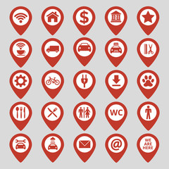 Map pin location icons set on gray background.