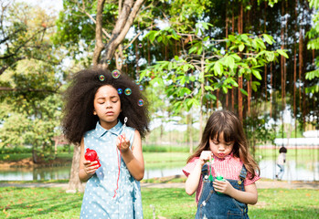 Obraz premium Children in a field trips and playing blowing bubbles together in the green park, Outside school education concept