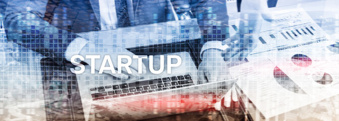 Startup concept with double exposure diagrams blurred background.
