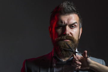 Handsome bearded man with long beard moustache. Barber scissors. Long beard. Bearded man, lush...