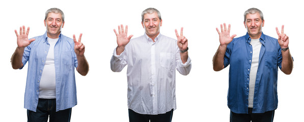 Collage of senior hoary man over white isolated backgroud showing and pointing up with fingers number seven while smiling confident and happy.