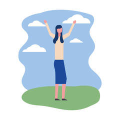 young woman with hands up celebrating