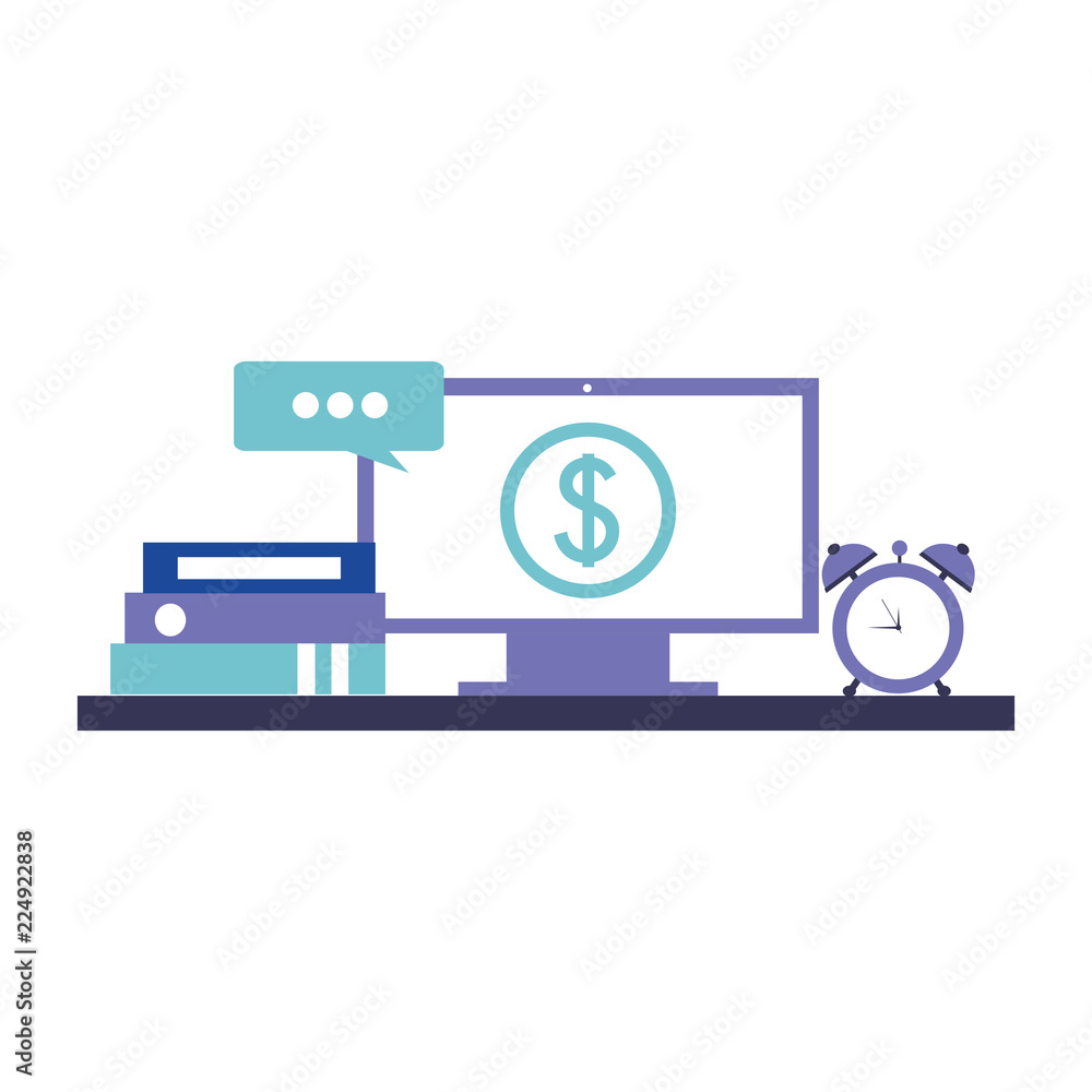 Poster computer monitor with symbol dollar and set icons