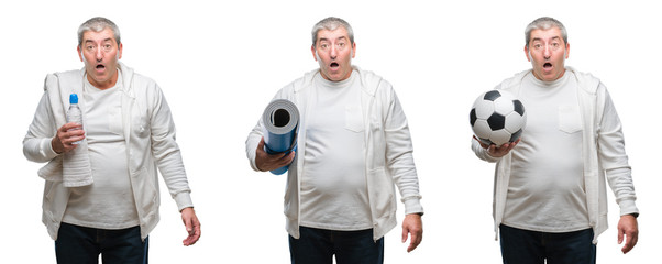 Collage of senior hoary fitness man holding yoga mat and soccer ball over white isolated backgroud scared in shock with a surprise face, afraid and excited with fear expression