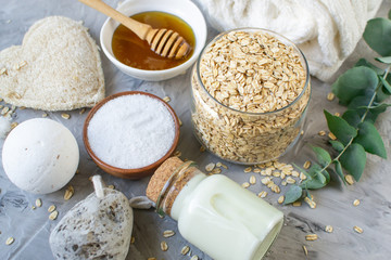 Natural Ingredients Homemade Body Oatmeal Sea Salt Scrub with Olive Oil Honey Milk White Towel Beauty Concept Skincare Organic Aroma Spa Therapy