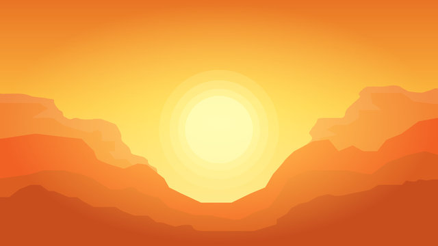 Desert landscape with mountains and sunshine. Canyon hills silhouette template with sun
