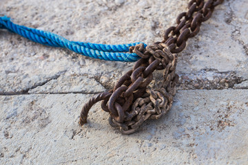 Anchor rope and chain in sea port