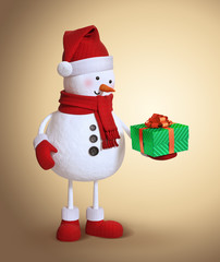 3d render, snowman cartoon character, holding wrapped gift box, digital illustration, Christmas toy, holiday clip art
