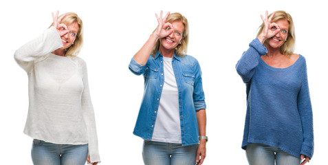 Collage of beautiful middle age blonde woman over white isolated backgroud doing ok gesture with hand smiling, eye looking through fingers with happy face.