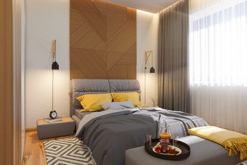 3d illustration, bedroom interior design concept. Visualization of the interior in the Scandinavian architectural style