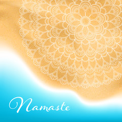 Flyer or brochure template with hand drawn mandala pattern on seashore background. Yoga classes banner