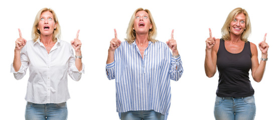 Collage of beautiful middle age blonde woman over white isolated backgroud amazed and surprised looking up and pointing with fingers and raised arms.