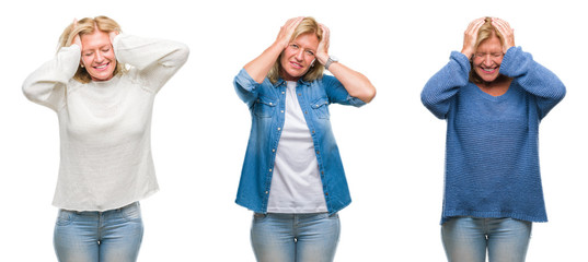 Collage of beautiful middle age blonde woman over white isolated backgroud suffering from headache desperate and stressed because pain and migraine. Hands on head.