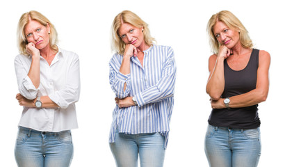 Collage of beautiful middle age blonde woman over white isolated backgroud thinking looking tired and bored with depression problems with crossed arms.