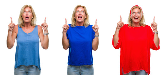 Collage of beautiful middle age blonde woman over white isolated backgroud amazed and surprised looking up and pointing with fingers and raised arms.
