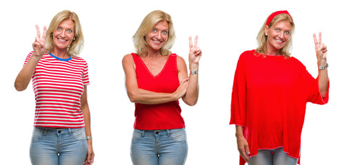 Collage of beautiful middle age blonde woman over white isolated backgroud smiling with happy face winking at the camera doing victory sign. Number two.