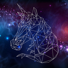 Abstract polygonal tirangle fantasy animal unicorn on open space background. Hipster animal illustration.