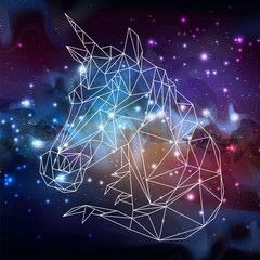Abstract polygonal tirangle fantasy animal unicorn on open space background. Hipster animal illustration.