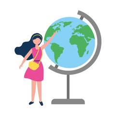 woman with purse pointing school globe map
