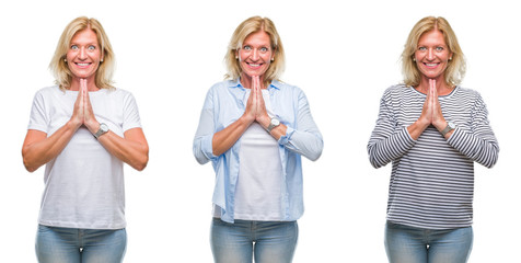 Fototapeta premium Collage of beautiful middle age blonde woman over white isolated backgroud praying with hands together asking for forgiveness smiling confident.