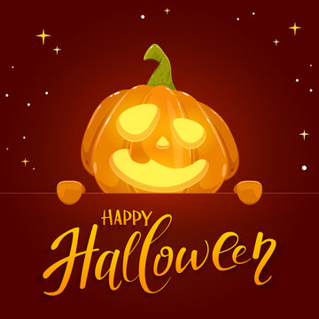 Dark Banner with Happy Halloween and Pumpkin