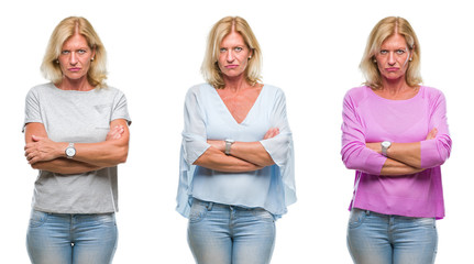 Collage of beautiful middle age blonde woman over white isolated backgroud skeptic and nervous, disapproving expression on face with crossed arms. Negative person.