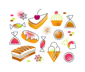 Flat cartoon sweets and cakes confectionery isolated illustrations.