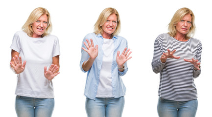 Fototapeta premium Collage of beautiful middle age blonde woman over white isolated backgroud disgusted expression, displeased and fearful doing disgust face because aversion reaction. With hands raised