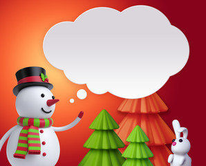 3d render, 3d illustration, snowman speech balloon, Christmas greeting card, festive template, holiday red background
