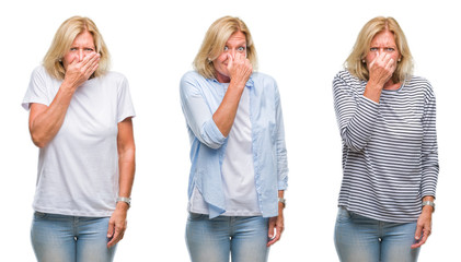 Collage of beautiful middle age blonde woman over white isolated backgroud smelling something stinky and disgusting, intolerable smell, holding breath with fingers on nose. Bad smells concept.