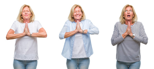 Collage of beautiful middle age blonde woman over white isolated backgroud begging and praying with hands together with hope expression on face very emotional and worried. Asking for forgiveness.