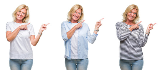 Collage of beautiful middle age blonde woman over white isolated backgroud smiling and looking at the camera pointing with two hands and fingers to the side.