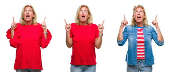 Obraz premium Collage of beautiful middle age blonde woman over white isolated backgroud amazed and surprised looking up and pointing with fingers and raised arms.