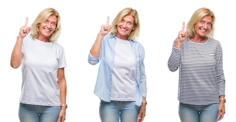 Obraz premium Collage of beautiful middle age blonde woman over white isolated backgroud pointing finger up with successful idea. Exited and happy. Number one.