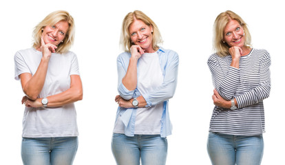 Collage of beautiful middle age blonde woman over white isolated backgroud looking confident at the camera with smile with crossed arms and hand raised on chin. Thinking positive.