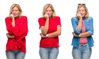 Collage of beautiful middle age blonde woman over white isolated backgroud looking stressed and nervous with hands on mouth biting nails. Anxiety problem.