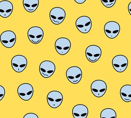 Aliens, seamless pattern, yellow, color, different emotions, vector. Gray faces of aliens on a yellow field. Decorative seamless pattern. Vector image.  